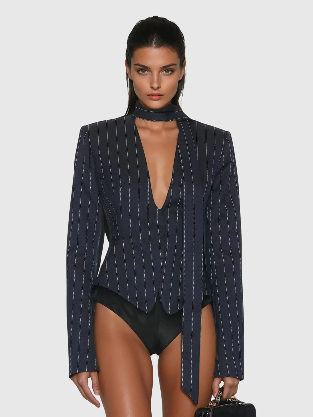 Striped Scarf Detail Plunge Neck Blazer