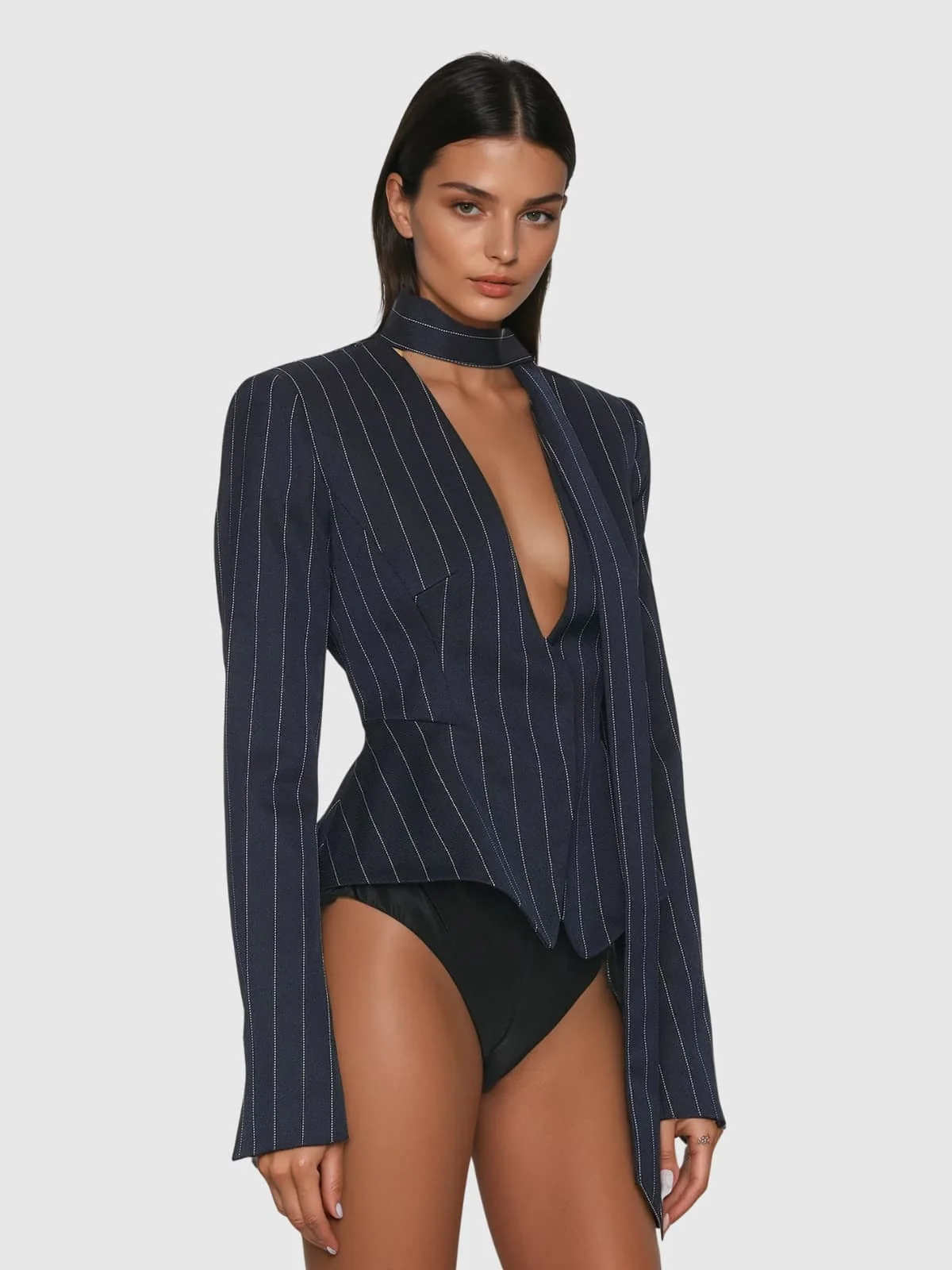 Striped Scarf Detail Plunge Neck Blazer