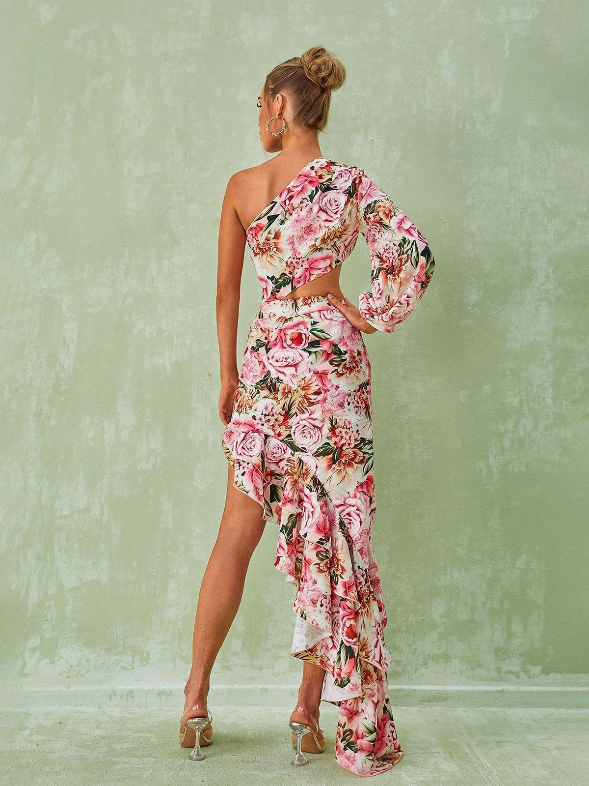 Pink Floral Maxi Dress with One-Shoulder Style