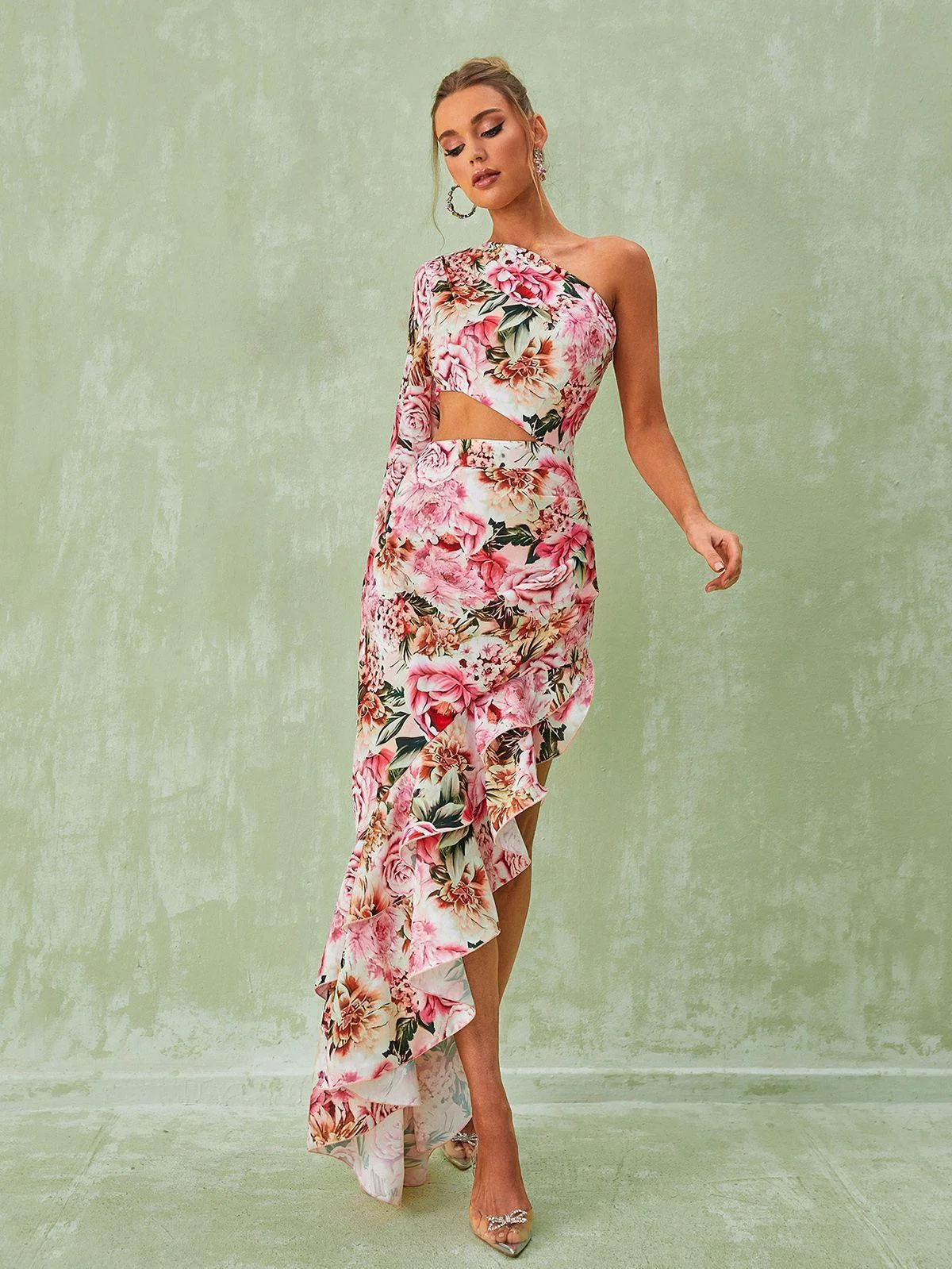 Pink Floral Maxi Dress with One-Shoulder Style