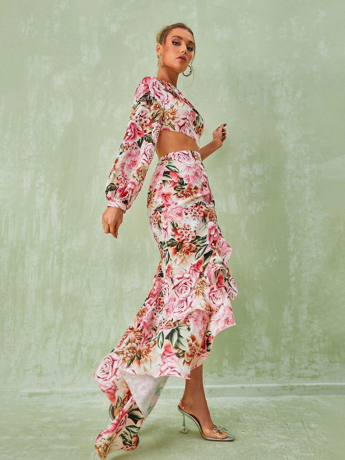 Pink Floral Maxi Dress with One-Shoulder Style