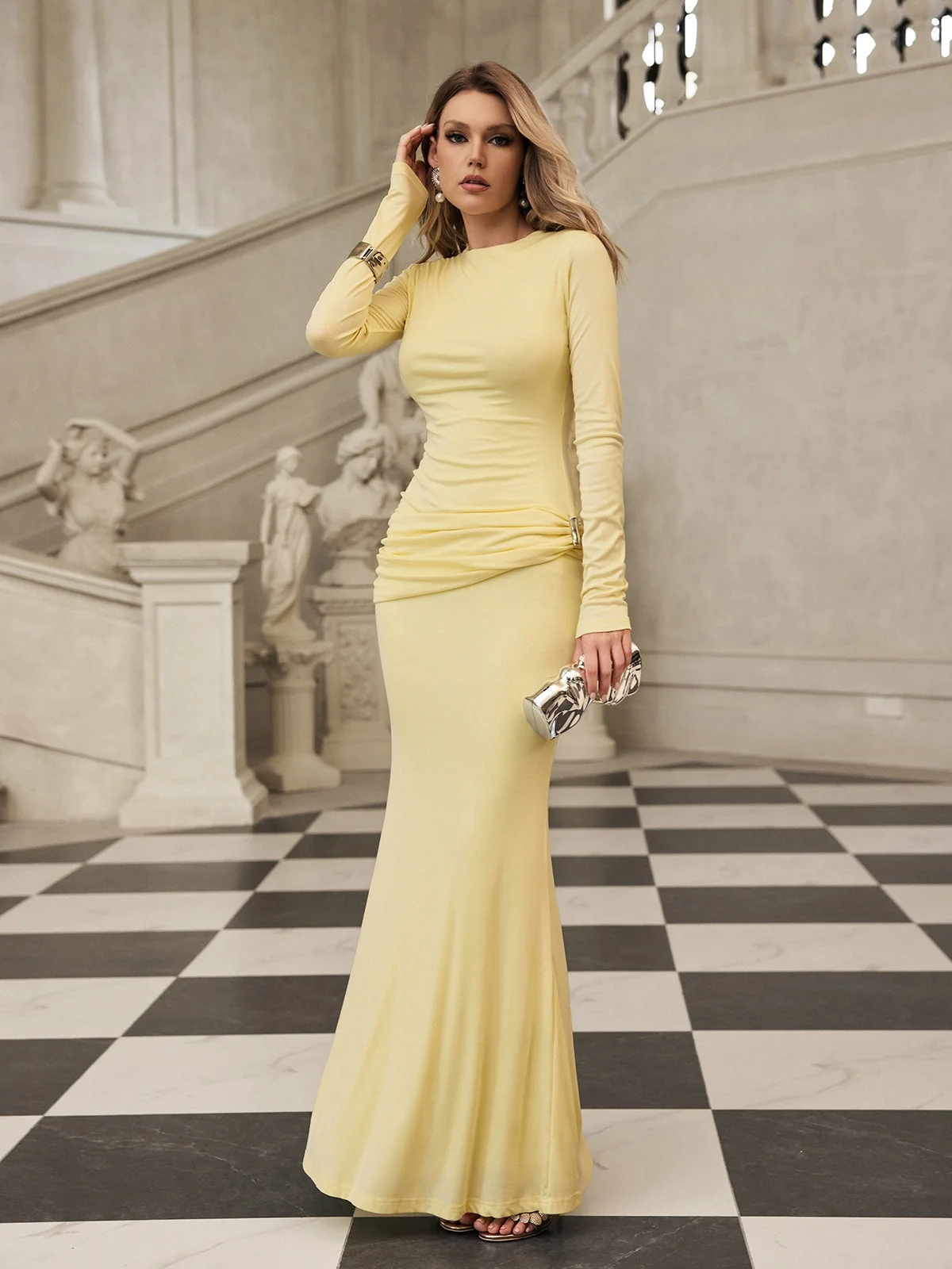 Butter Yellow Ruched Maxi Dress with Long Sleeves