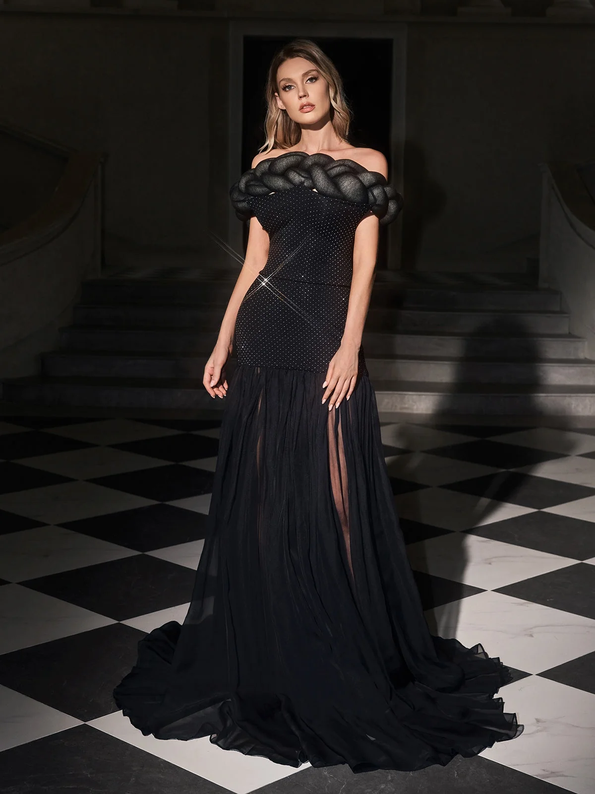 Chic Off-Shoulder Rhinestone Skirt Set