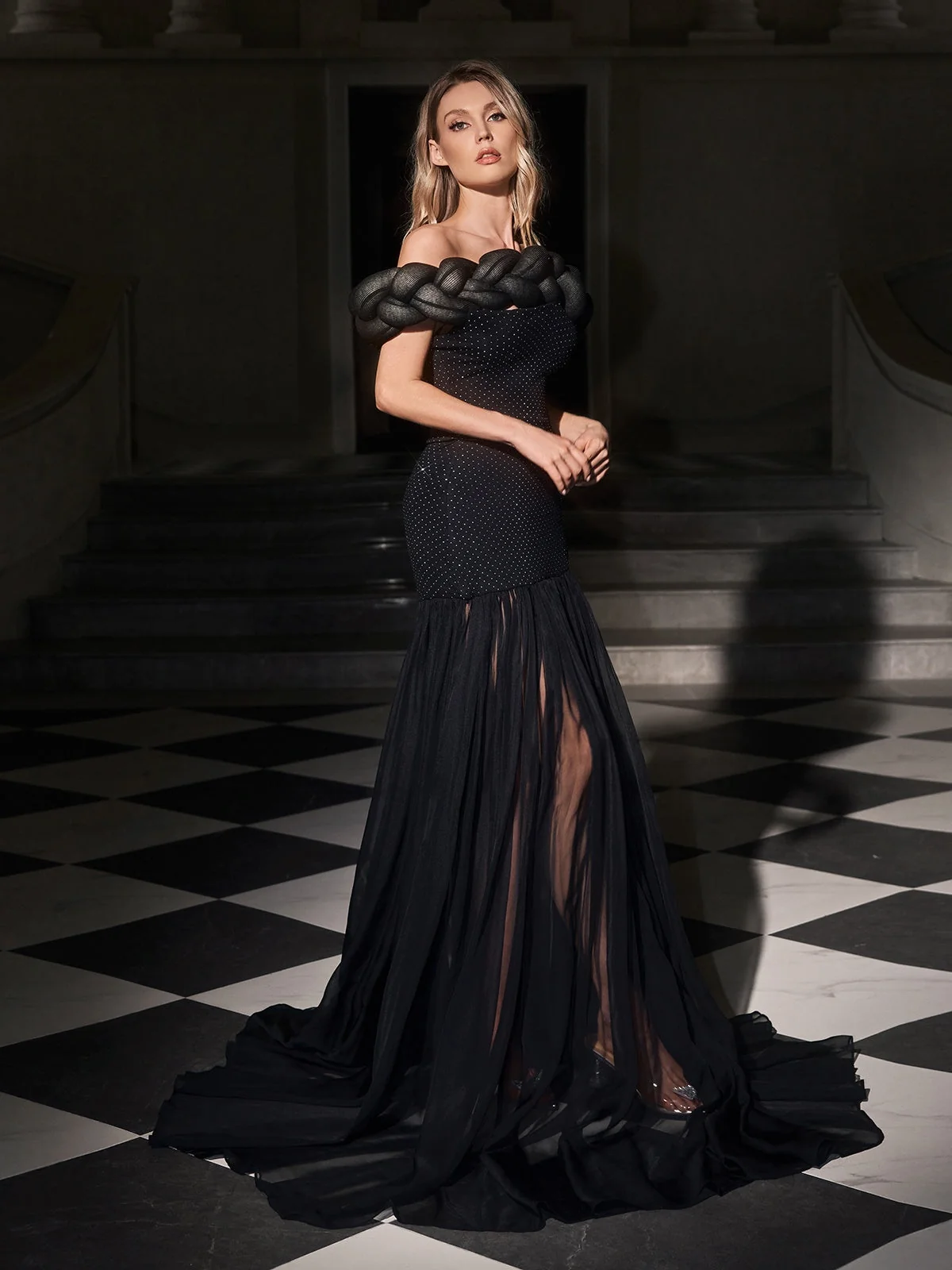 Chic Off-Shoulder Rhinestone Skirt Set