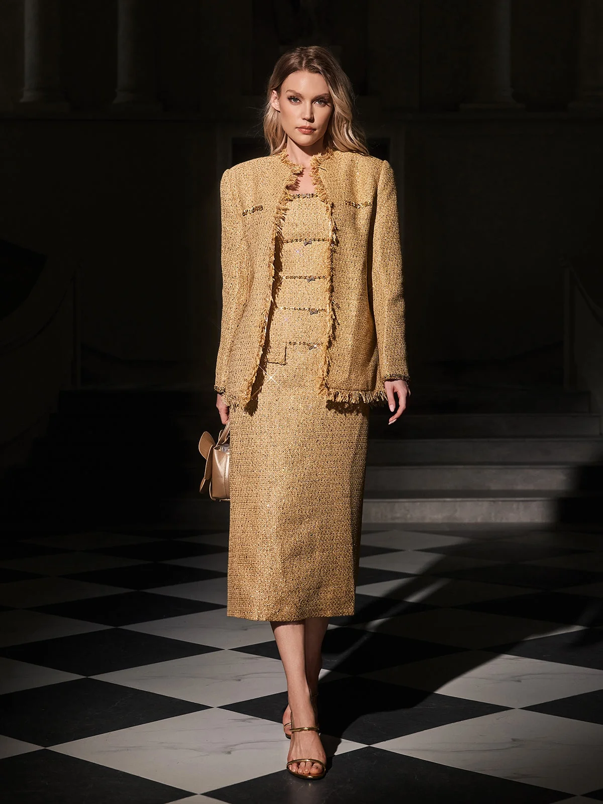 Chic Sequin Tweed Blazer and Dress Set