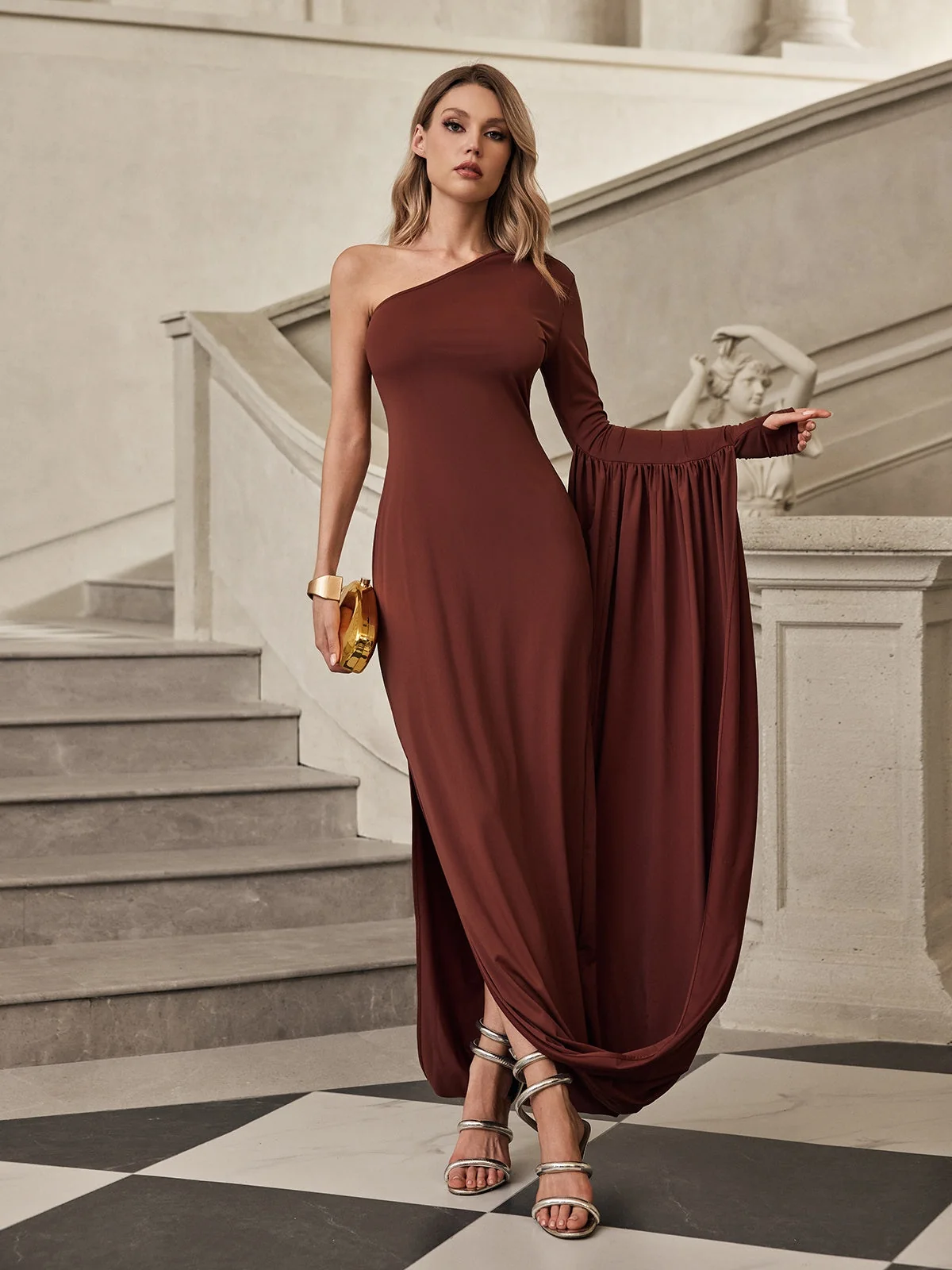 Elegant One-Shoulder Ruched Maxi Dress - Brown
