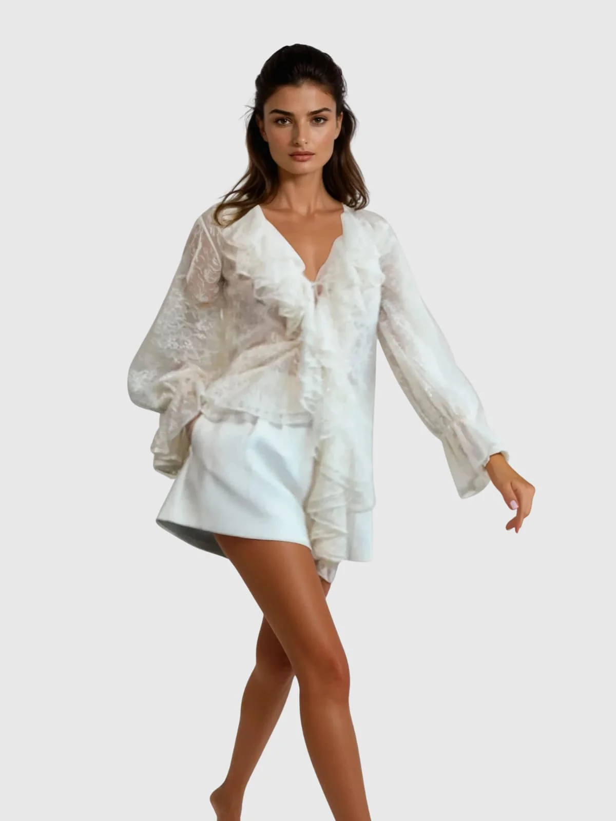 Elegant Lace Detail Long Sleeve Top in Ivory