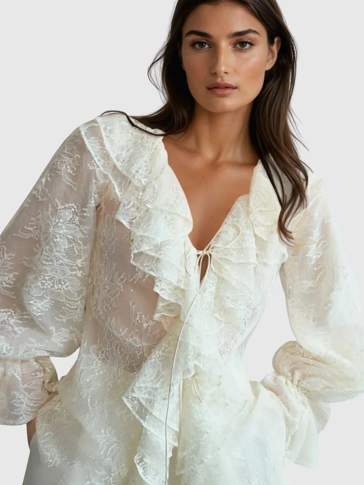 Elegant Lace Detail Long Sleeve Top in Ivory