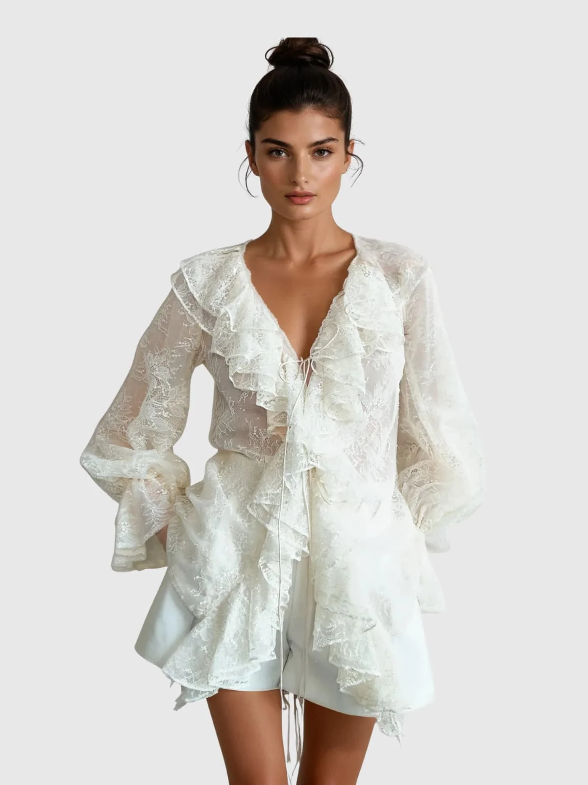 Elegant Lace Detail Long Sleeve Top in Ivory