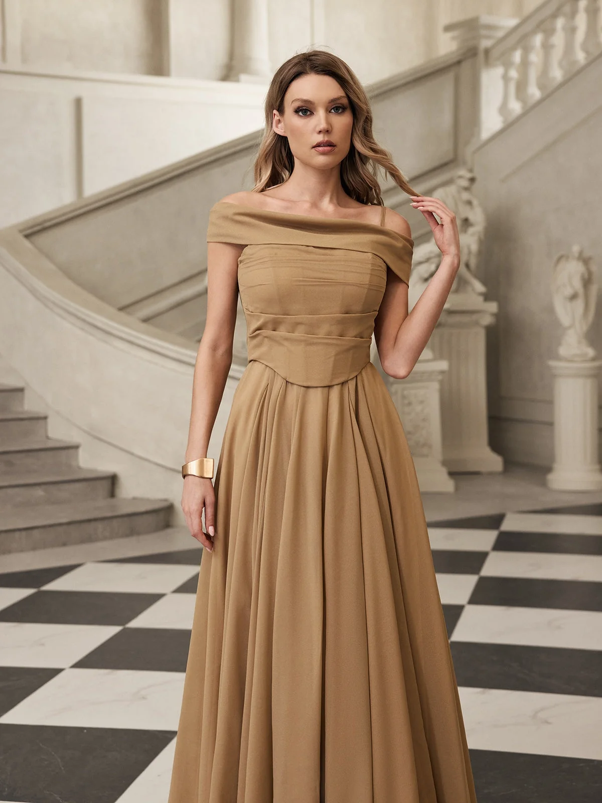 Apricot Off-Shoulder Maxi Dress with Elegant Silhouette
