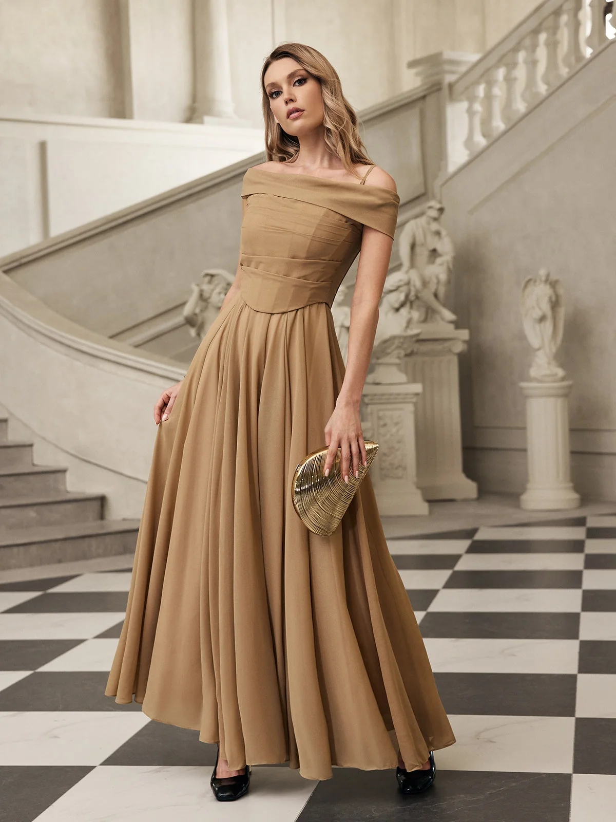Apricot Off-Shoulder Maxi Dress with Elegant Silhouette