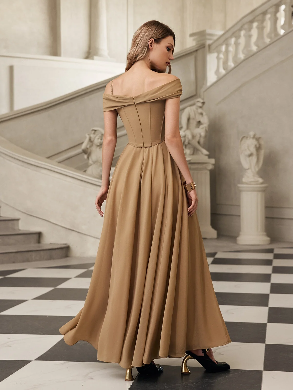 Apricot Off-Shoulder Maxi Dress with Elegant Silhouette