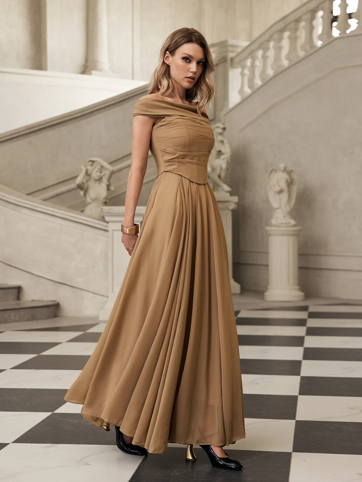 Apricot Off-Shoulder Maxi Dress with Elegant Silhouette