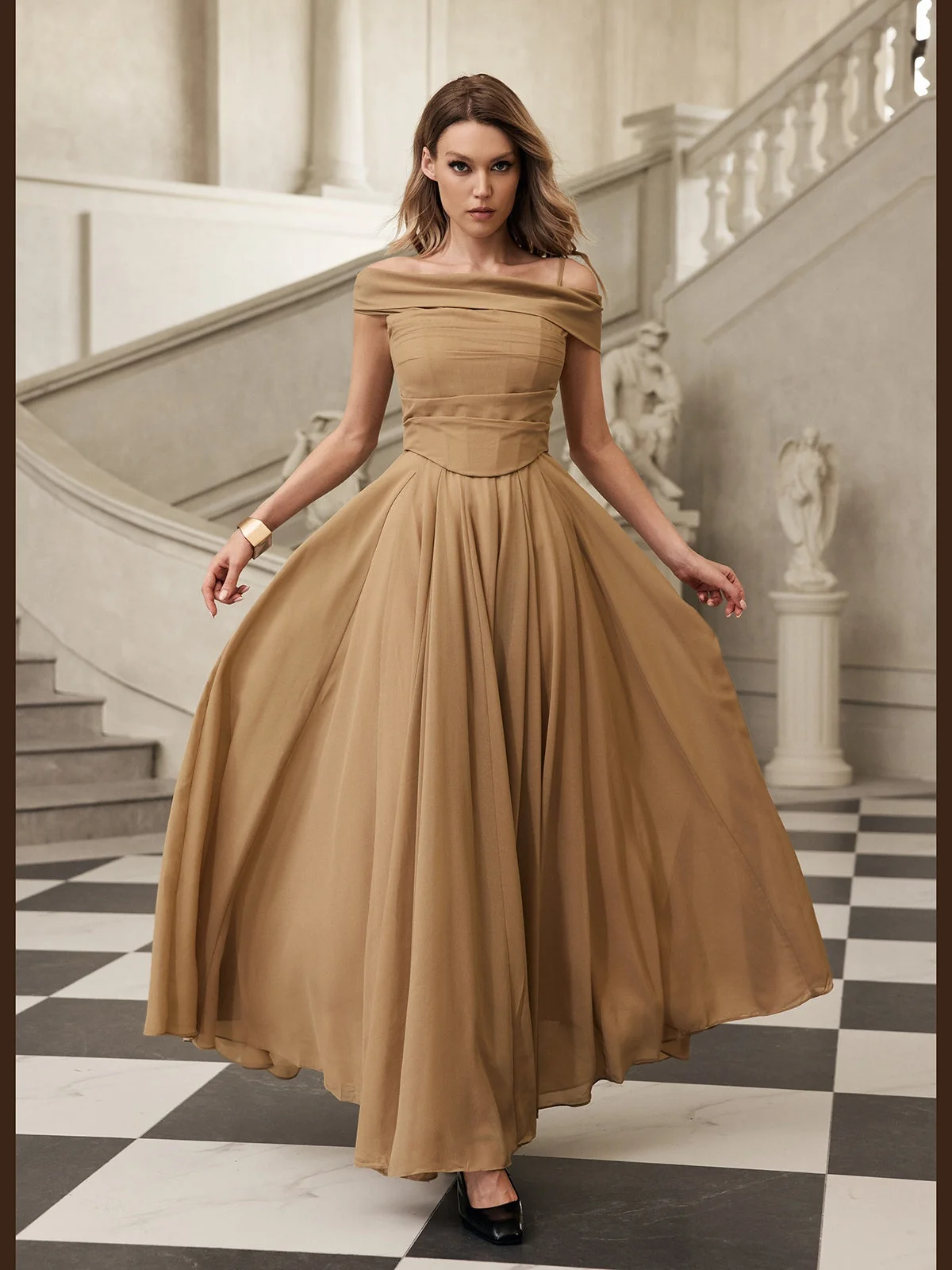 Apricot Off-Shoulder Maxi Dress with Elegant Silhouette