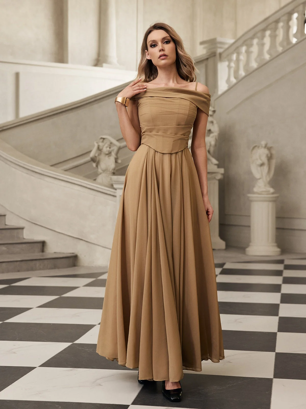 Apricot Off-Shoulder Maxi Dress with Elegant Silhouette