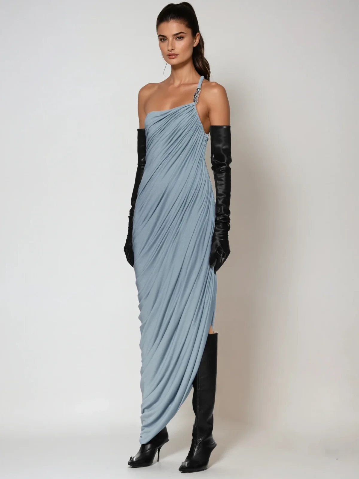 Blue Asymmetric Ruched Maxi Dress - Elegant Flattering Design