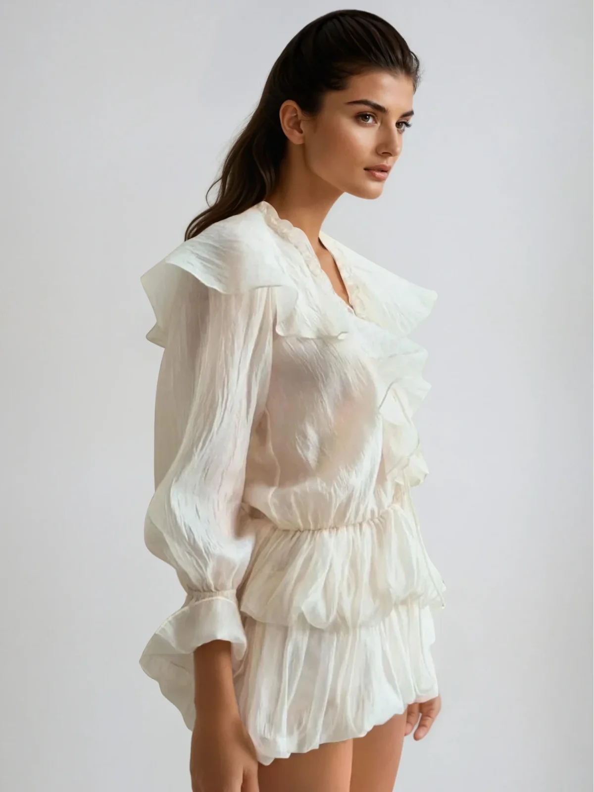 Romantic Ruffle Mini Dress with Flare Sleeves