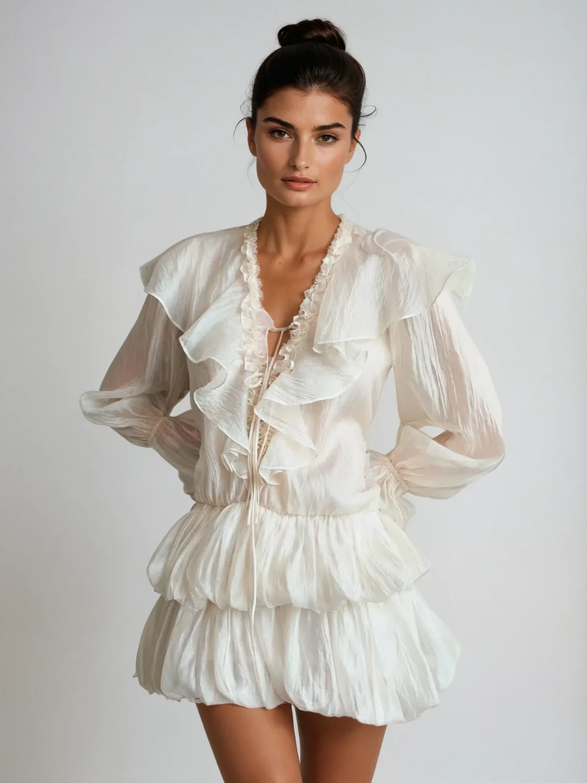 Romantic Ruffle Mini Dress with Flare Sleeves