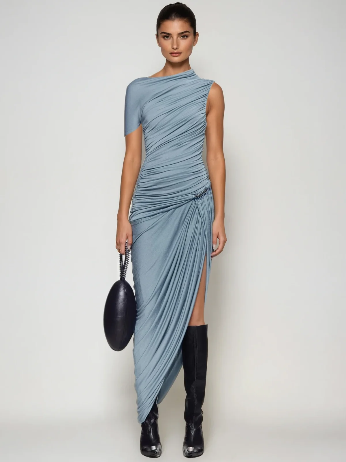 Elegant One-Shoulder Ruched Maxi Dress with Split