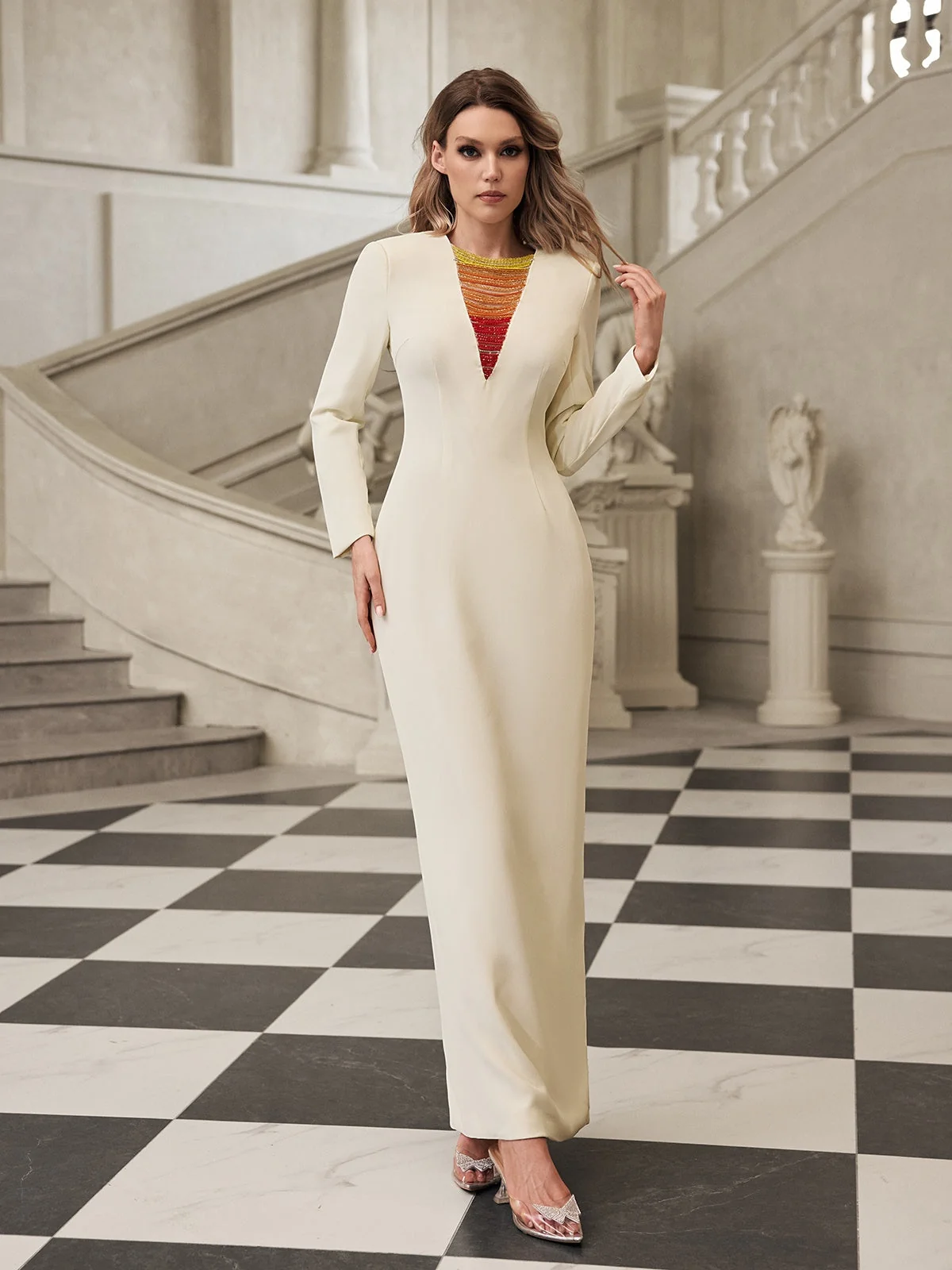 White Rhinestone Embellished Maxi Dress - Elegant Evening Wear