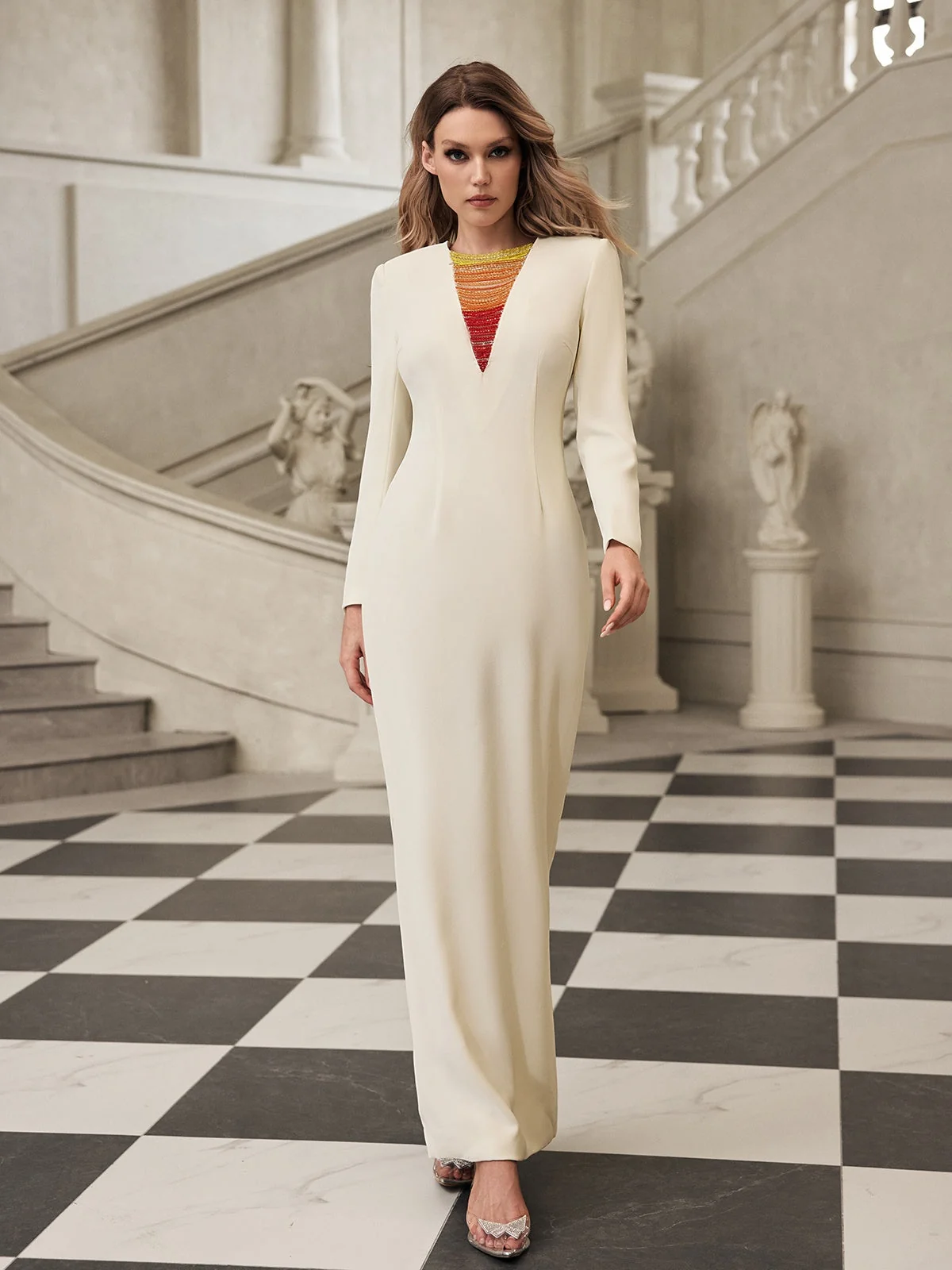 White Rhinestone Embellished Maxi Dress - Elegant Evening Wear