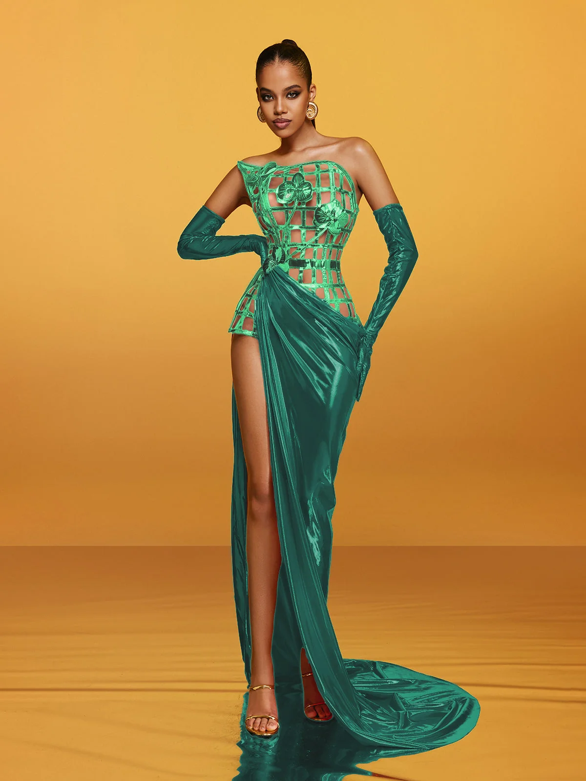 Green Metallic Flower Strapless Maxi Dress - Elegant Special Occasion Wear