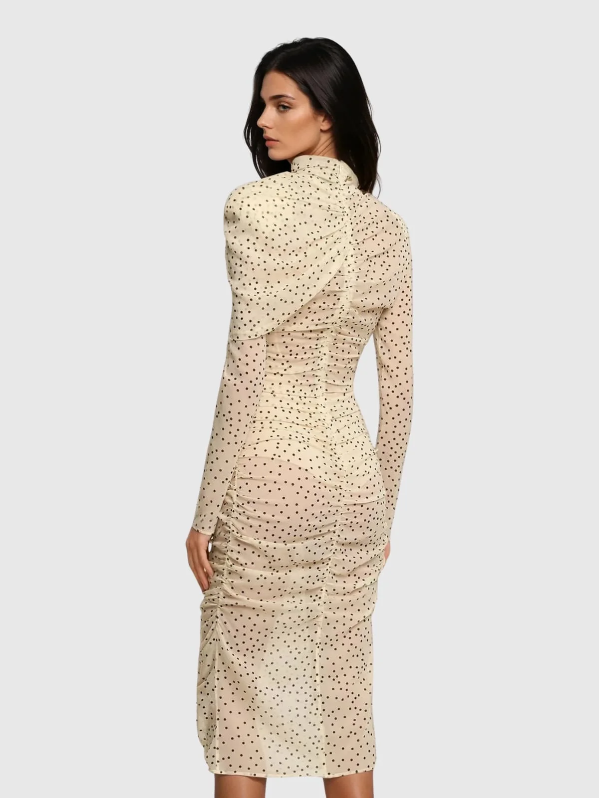 Chic High Neck Ruched Dot Midi Dress