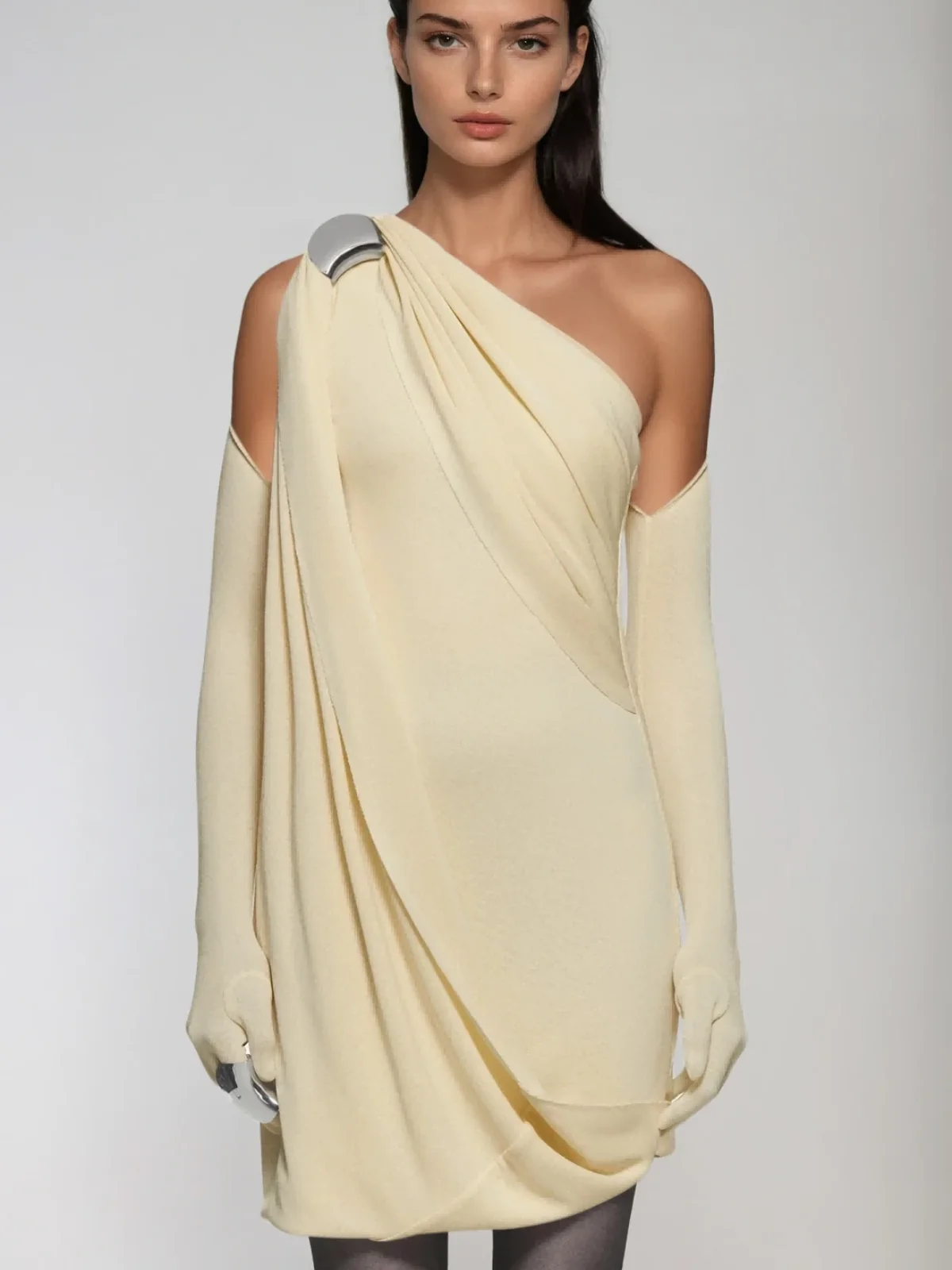 Butter Yellow One-Shoulder Draped Mini Dress