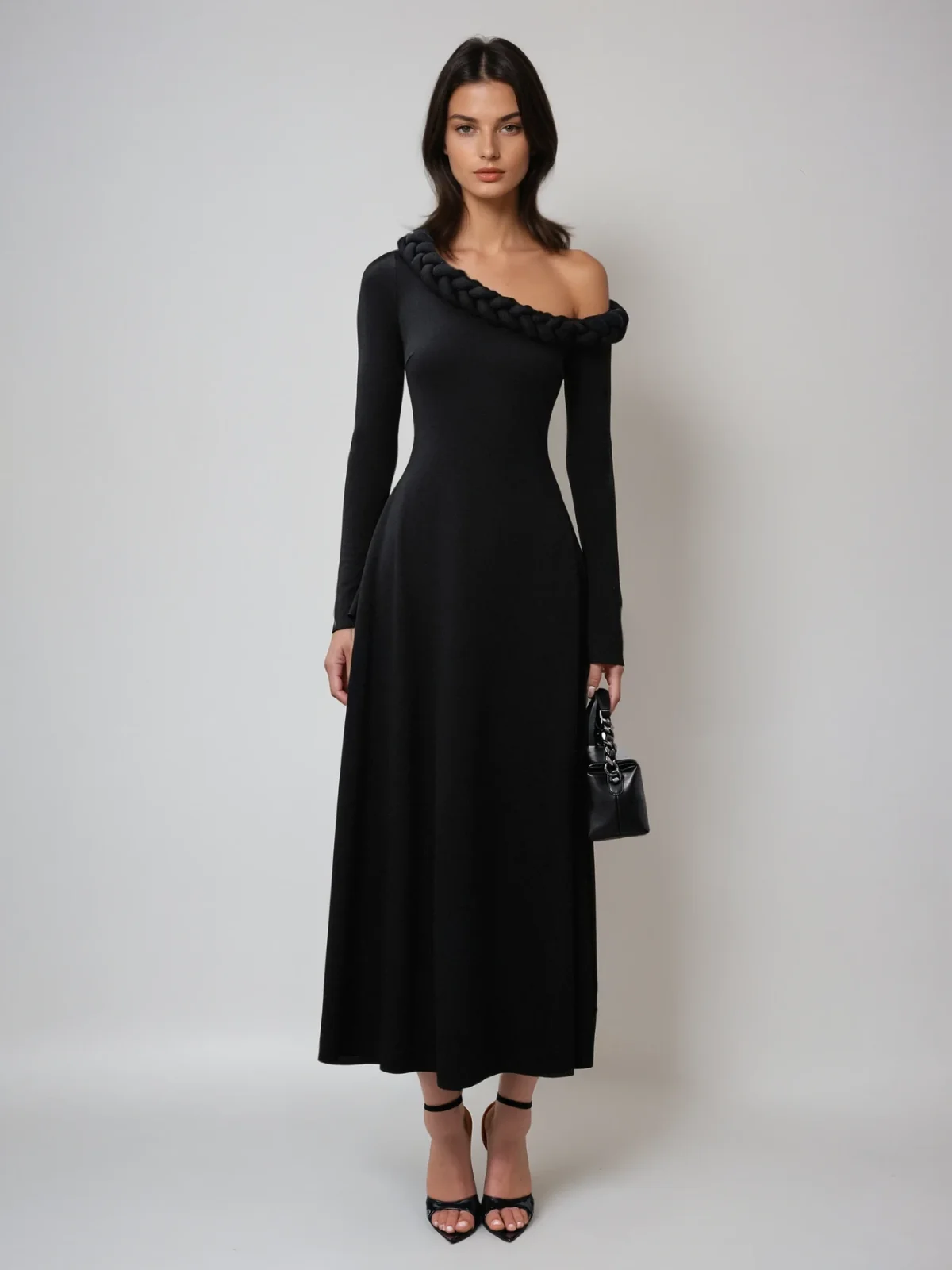 Black One Shoulder Twisted Midi Dress