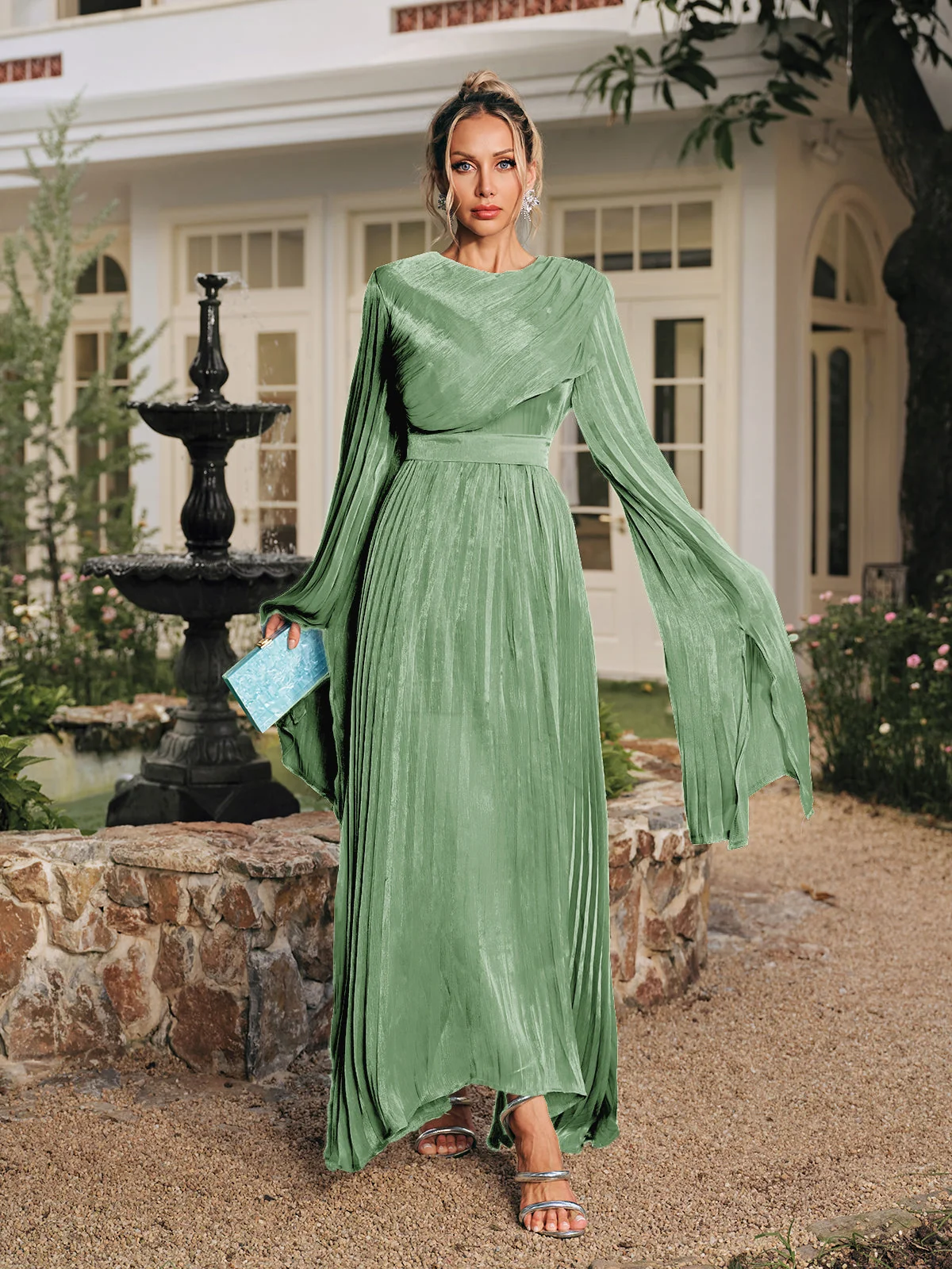 Green Pleated Maxi Dress with Long Sleeves
