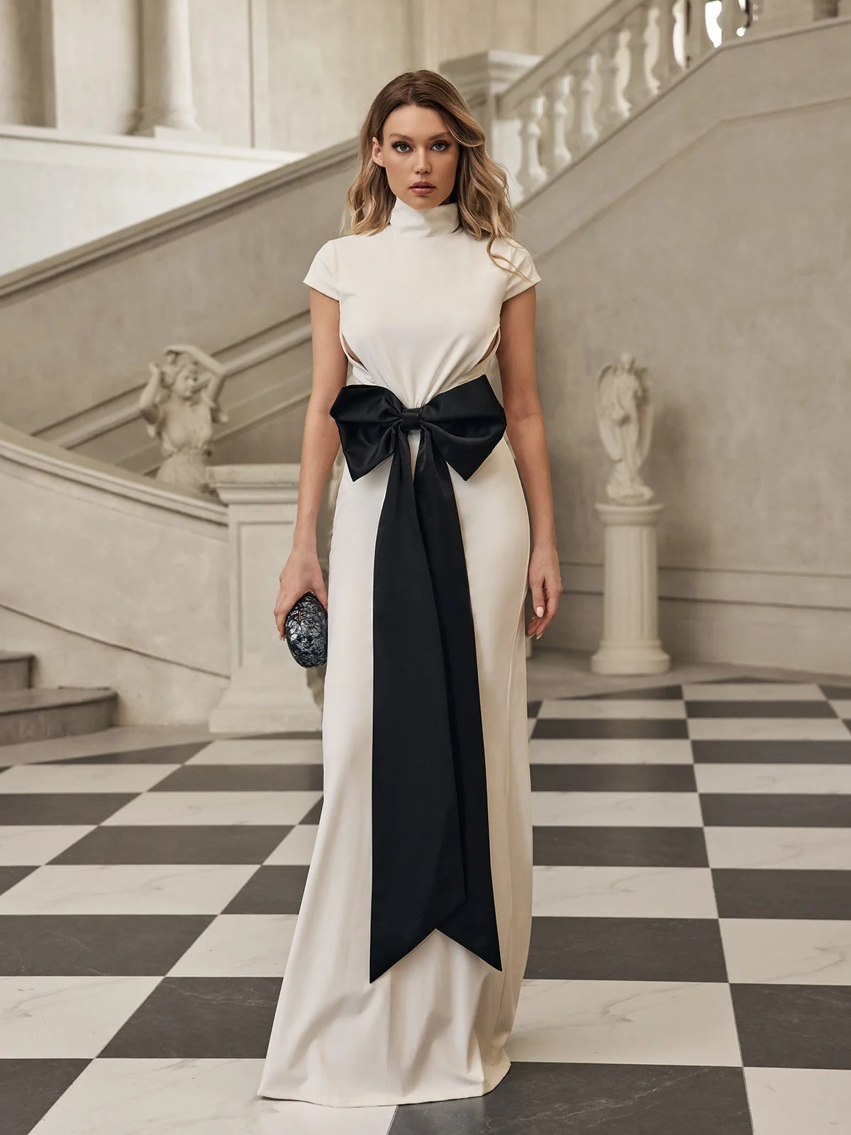White Cutout Bow Maxi Dress - Elegant High Neck Design