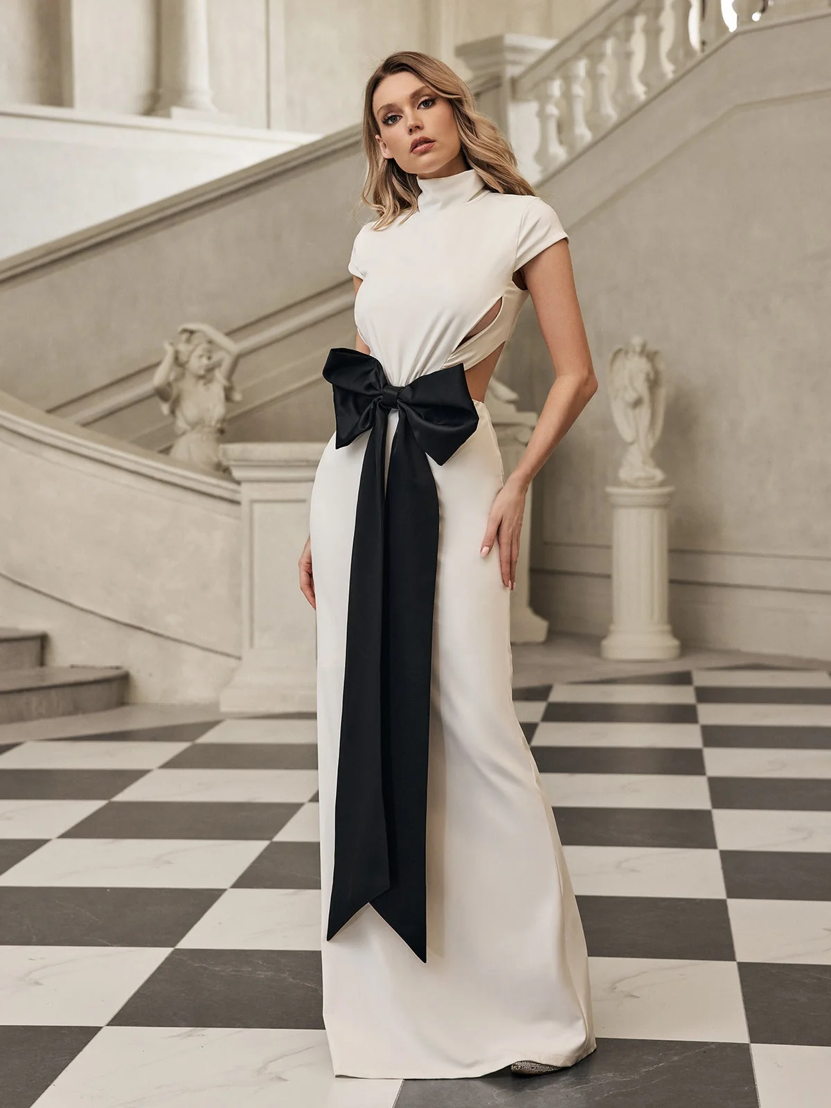 White Cutout Bow Maxi Dress - Elegant High Neck Design