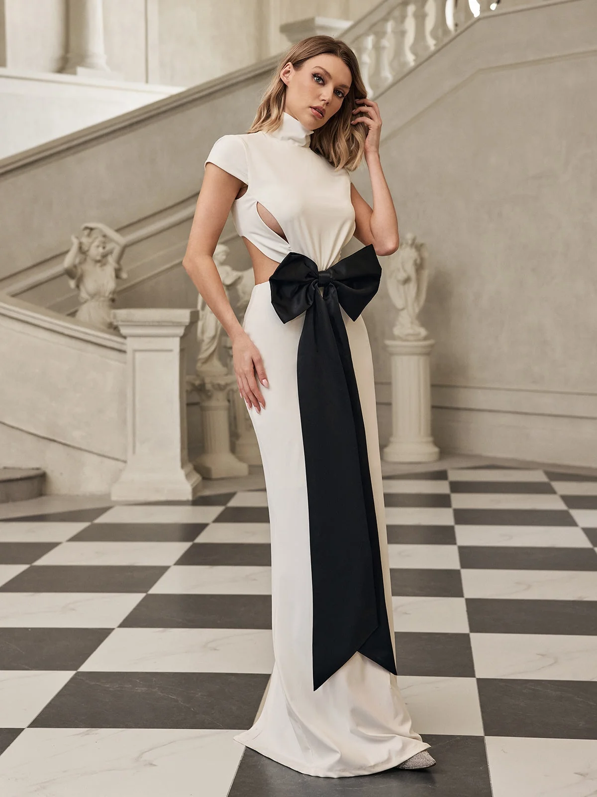 White Cutout Bow Maxi Dress - Elegant High Neck Design