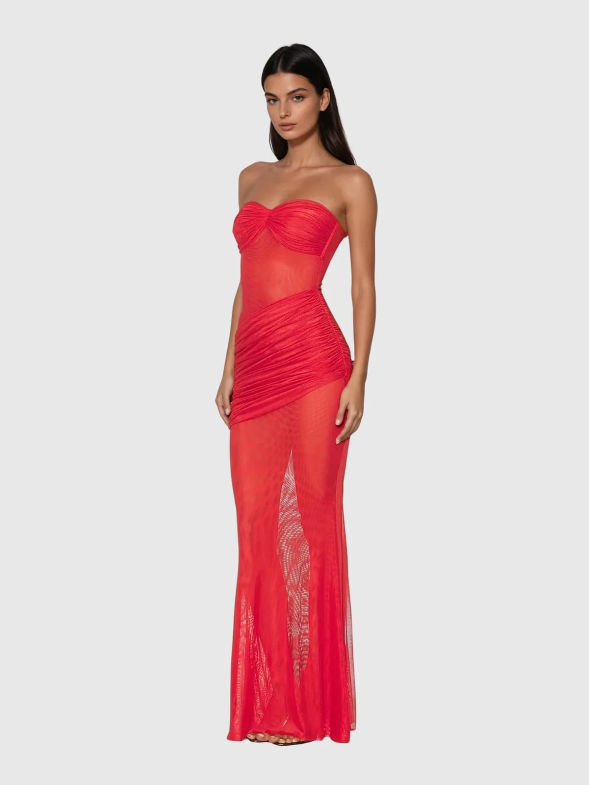 Elegant Red Ruched Maxi Dress - Strapless Design