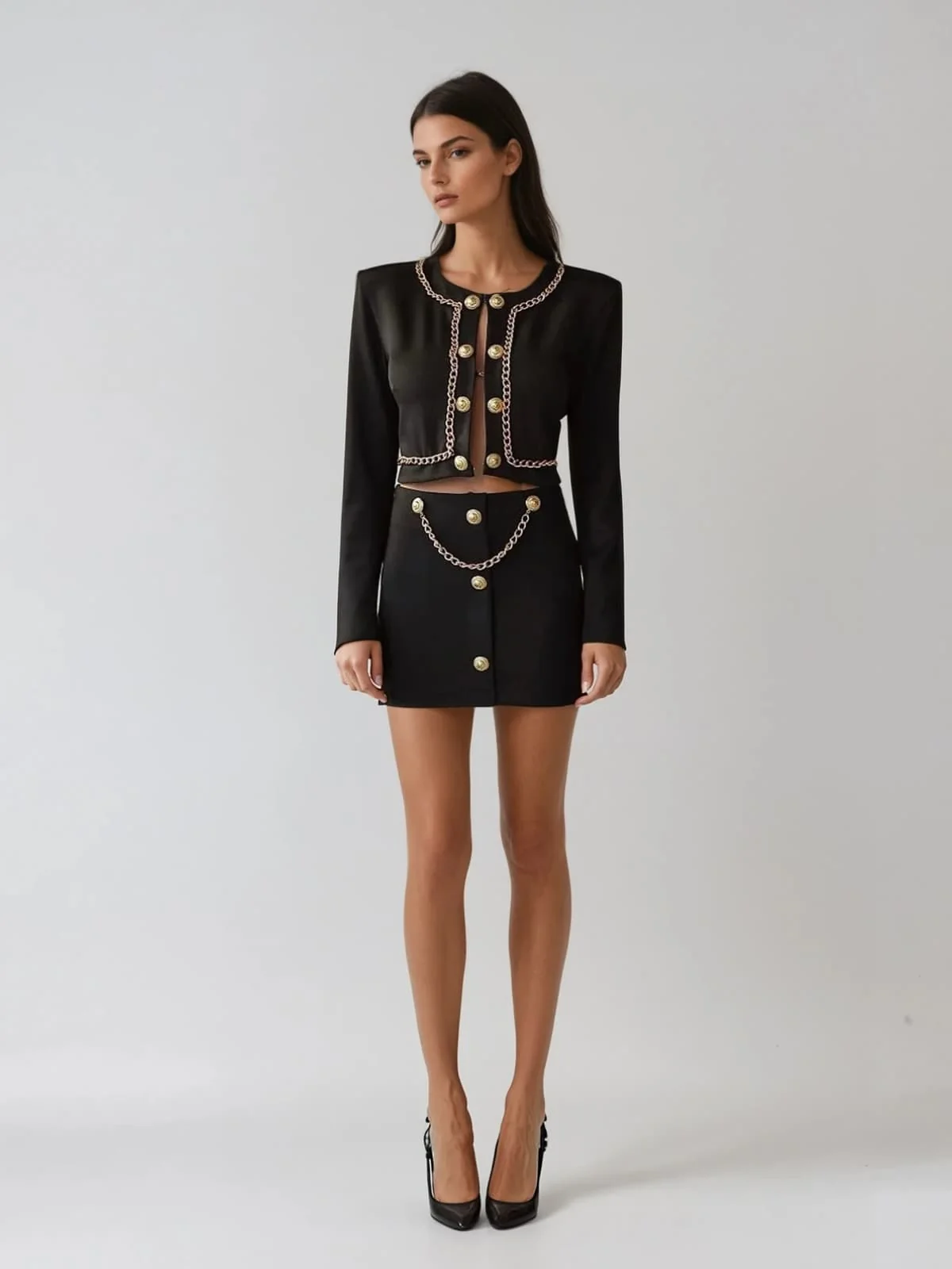 Chain Detail Bandage Skirt Set - Elegant Long Sleeve Fashion