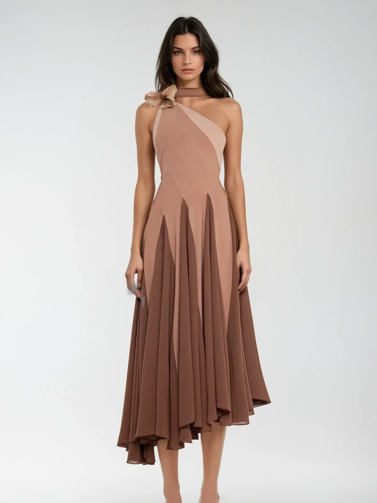 Floral One-Shoulder Scarf Midi Dress - Elegant & Versatile