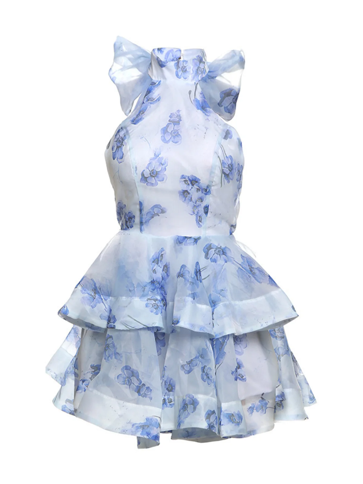 Blue Floral Printed Backless Mini Dress with Bow Detail