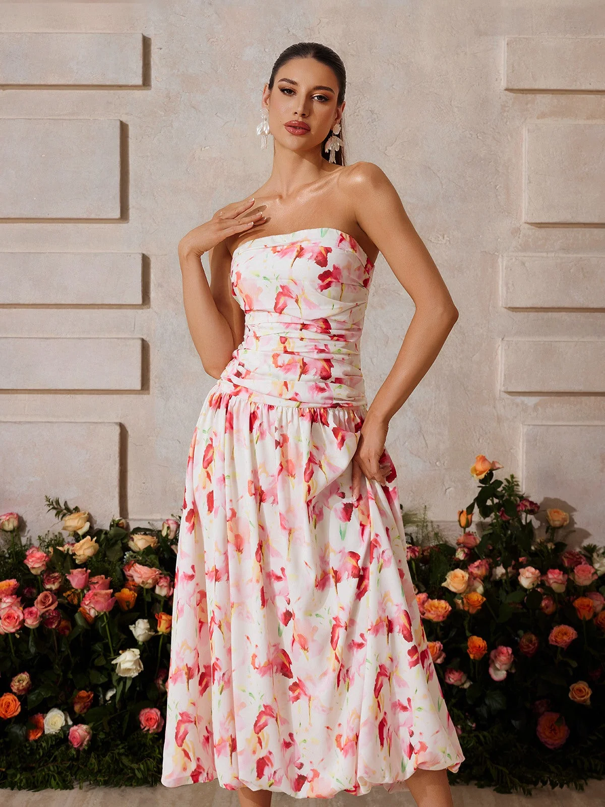 Rose Blush Floral Bubble Midi Dress - Elegant & Comfortable