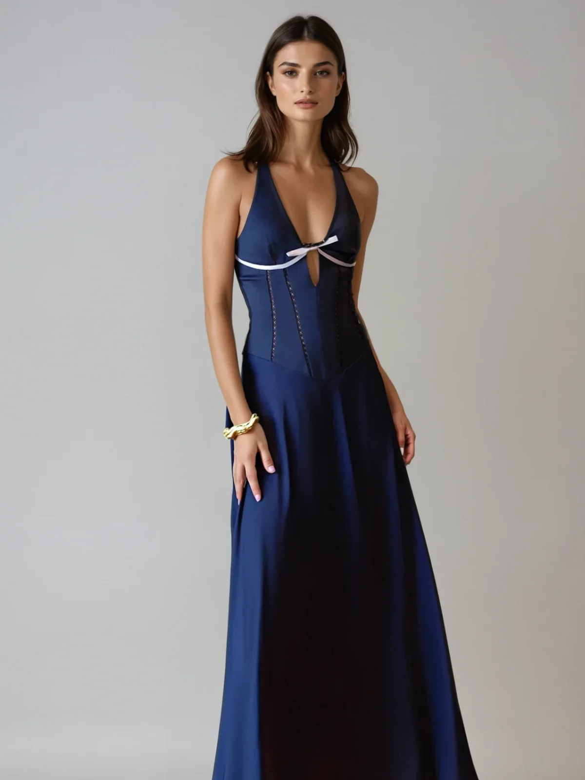 Halterneck Bow Satin Maxi Dress with Corset Waist