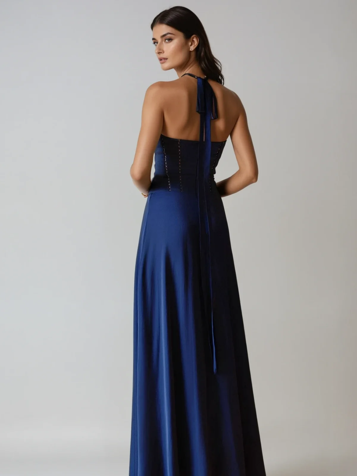 Halterneck Bow Satin Maxi Dress with Corset Waist
