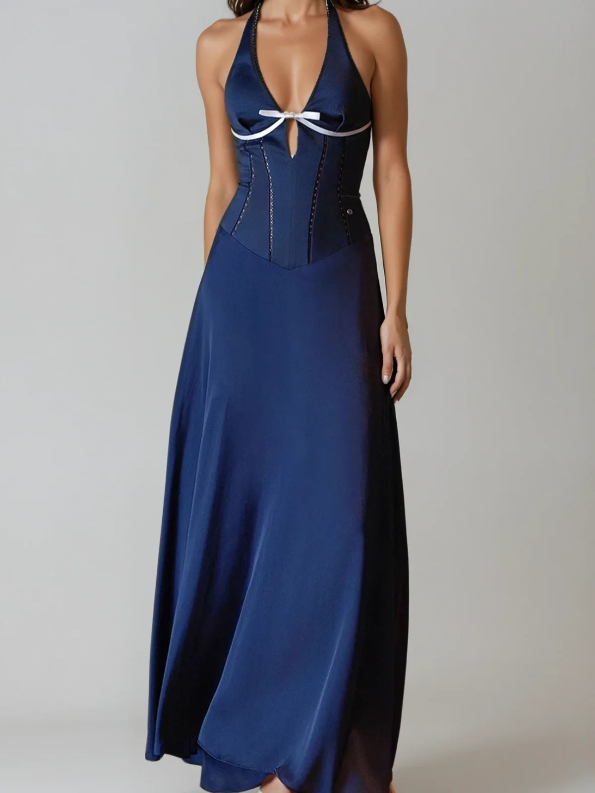 Halterneck Bow Satin Maxi Dress with Corset Waist