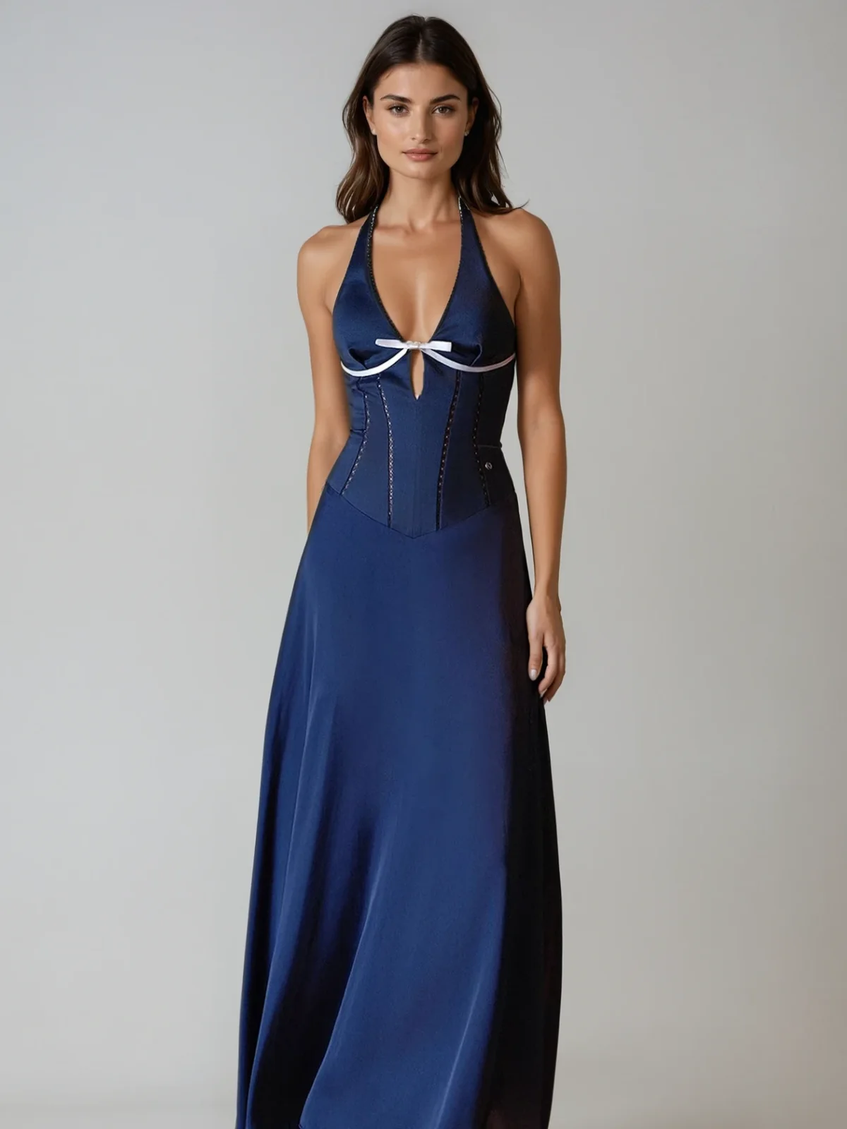 Halterneck Bow Satin Maxi Dress with Corset Waist