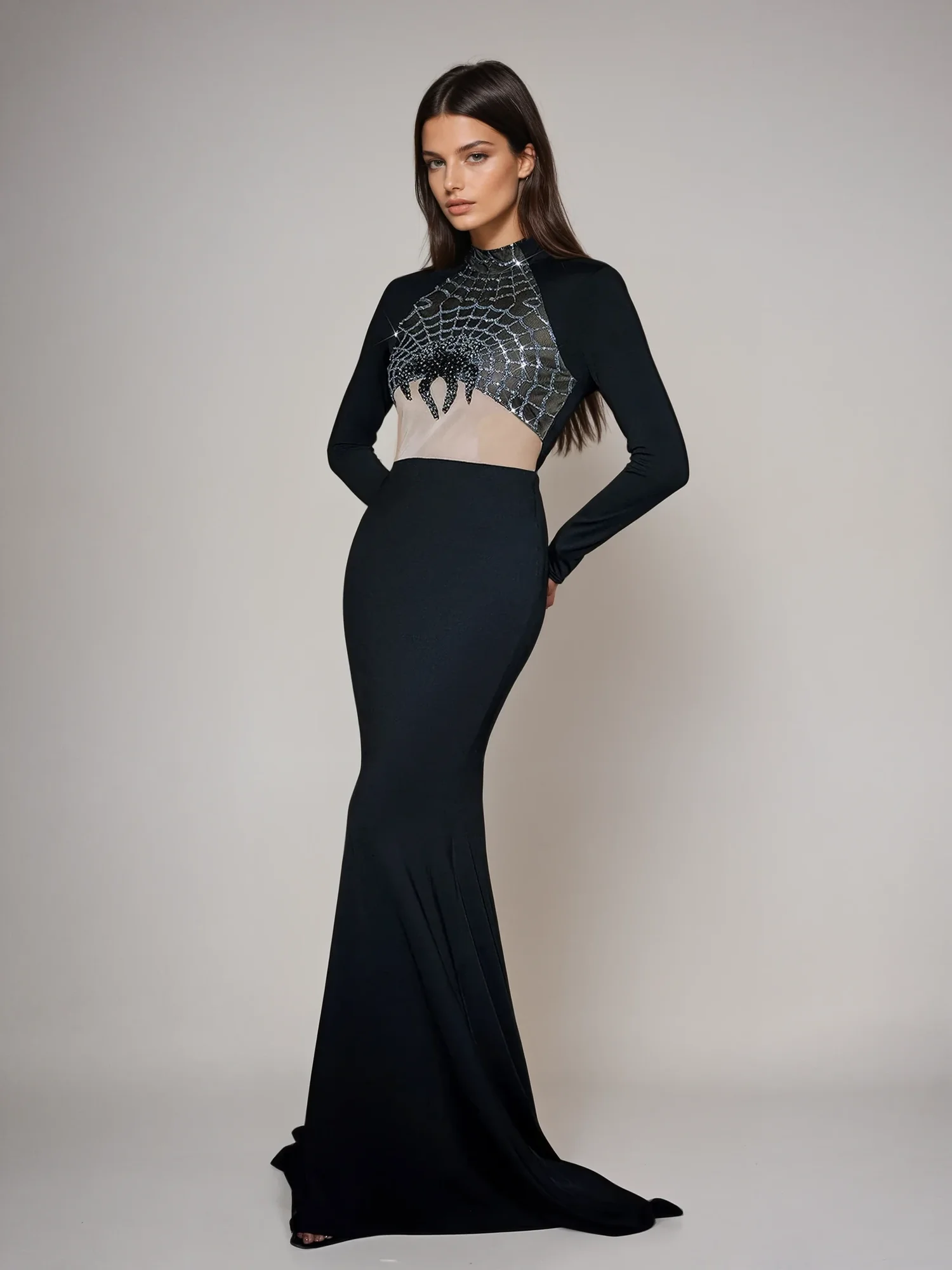 Sequin Cobweb Maxi Dress with Long Sleeves