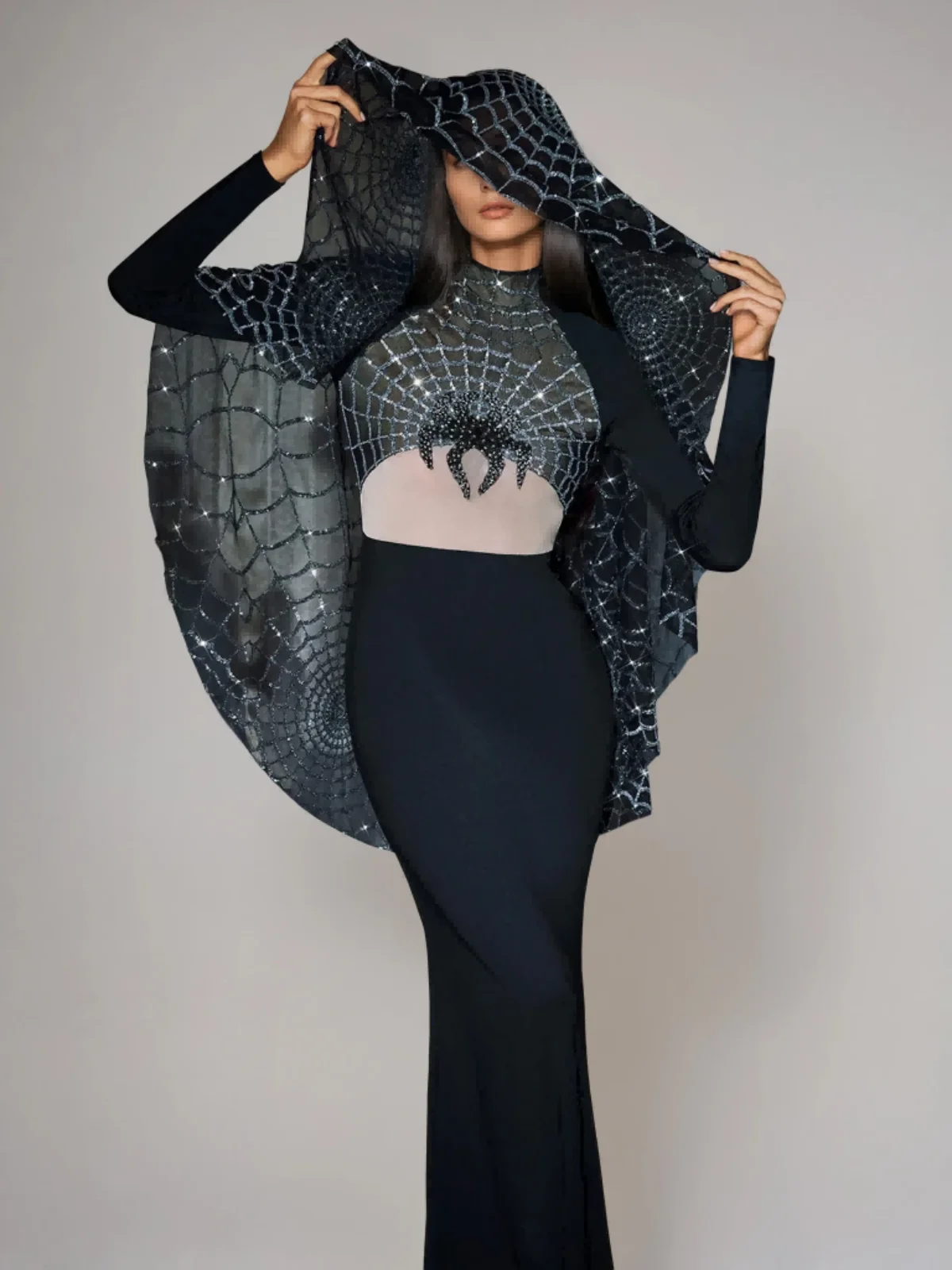 Sequin Cobweb Maxi Dress with Long Sleeves