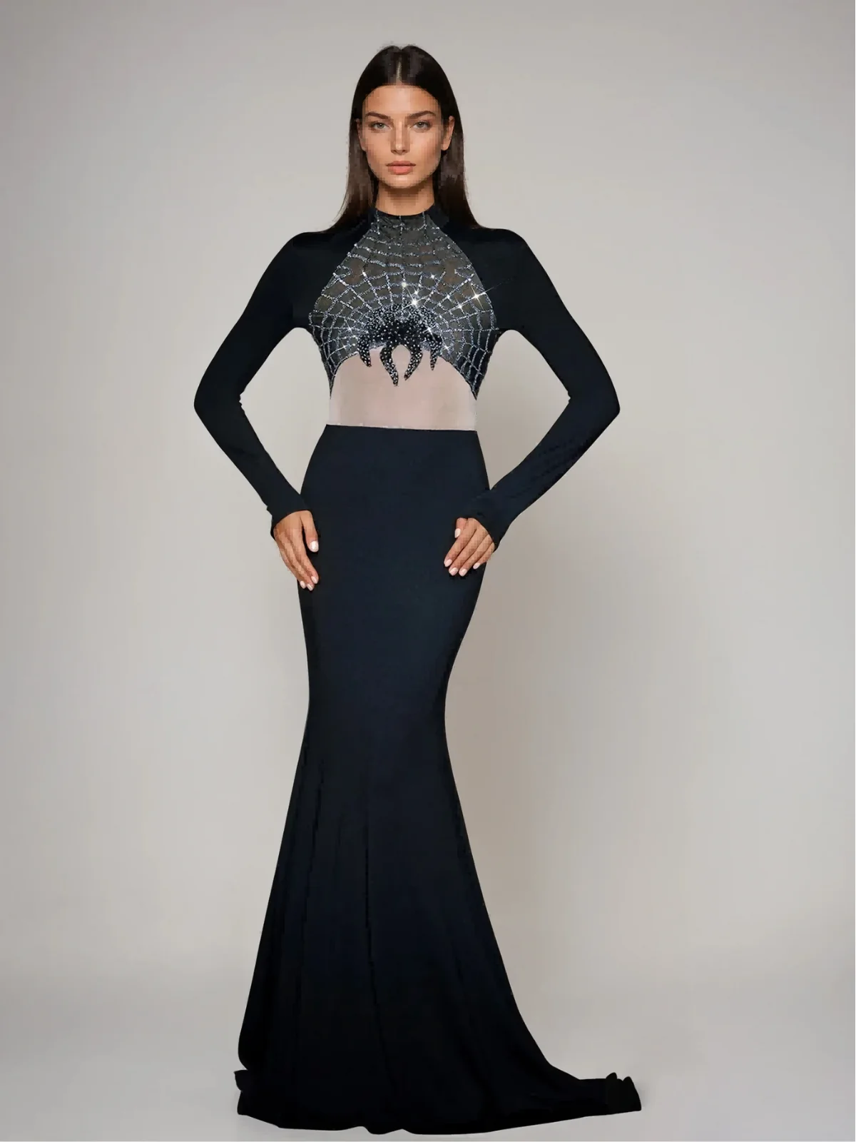 Sequin Cobweb Maxi Dress with Long Sleeves