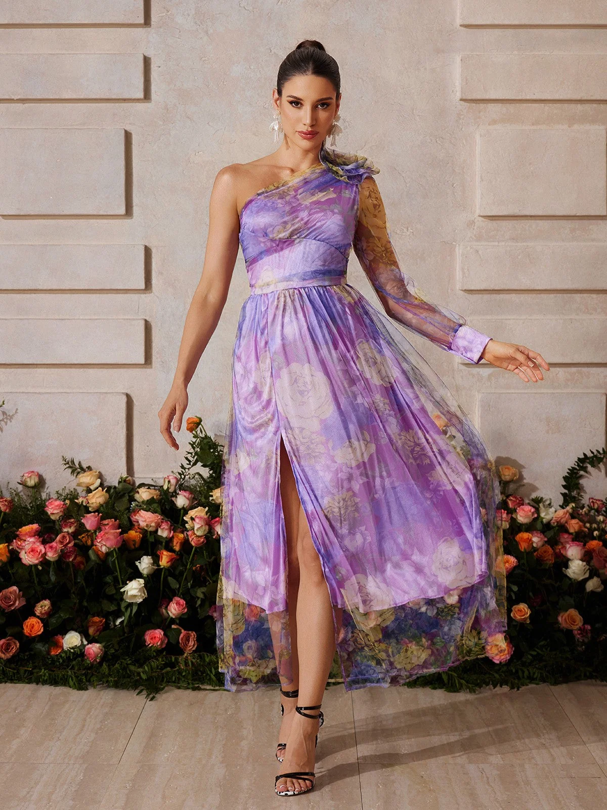 Floral One-Shoulder Split Midi Dress Purple Tea Wedding Guest