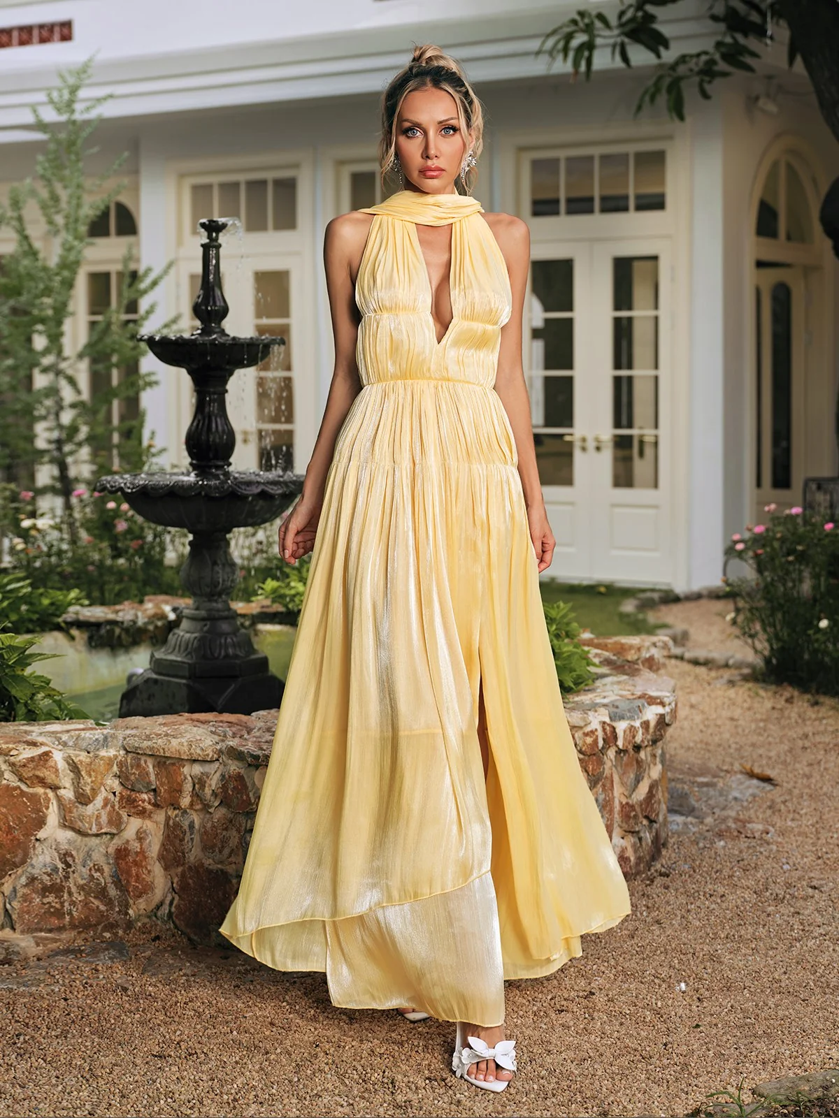 Yellow Ruched Split Maxi Dress with Scarf Detail