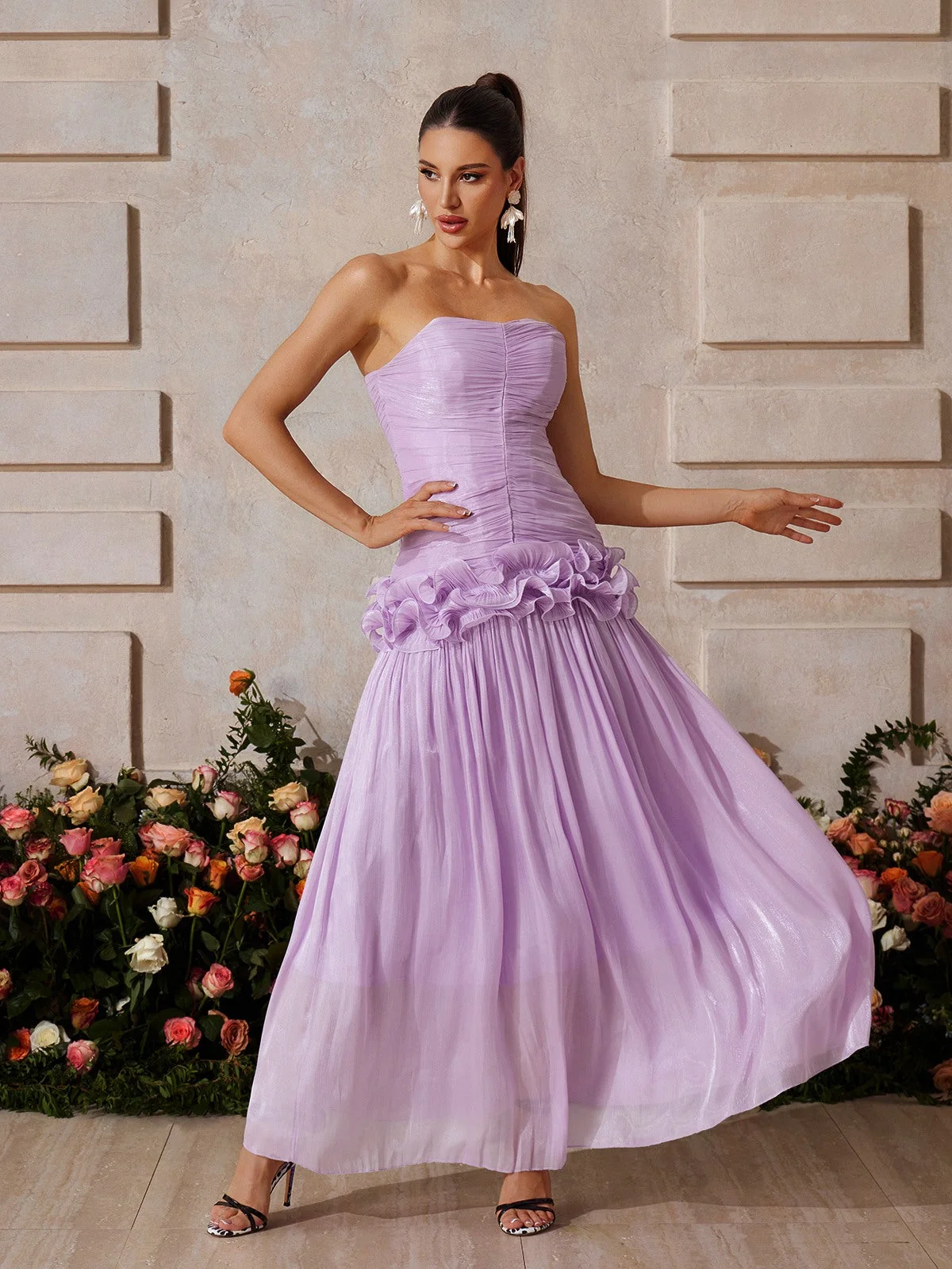 Purple Ruched Maxi Dress with Strapless Design