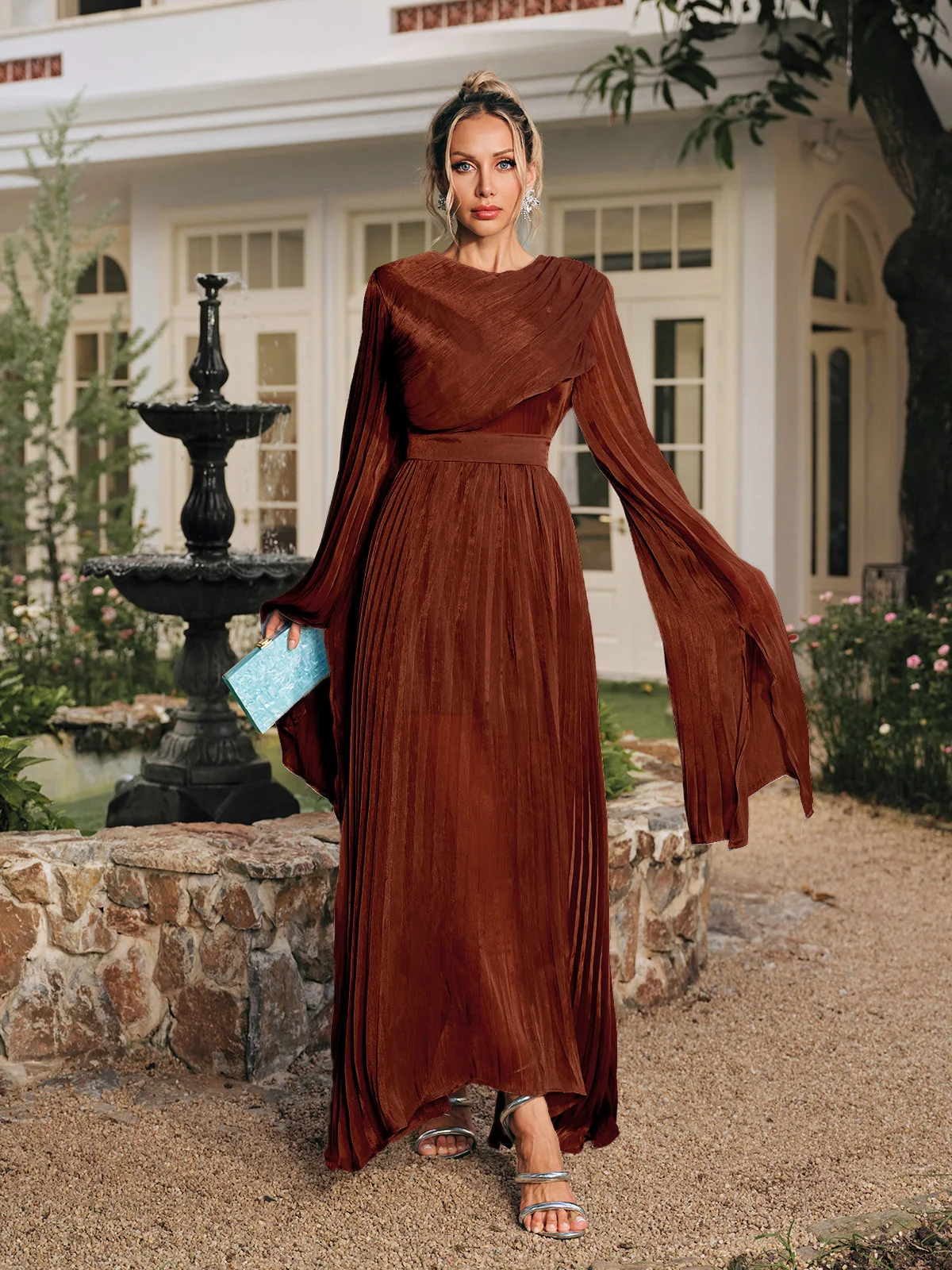Brown Pleated Long Sleeve Dress - Elegant Flared Silhouette
