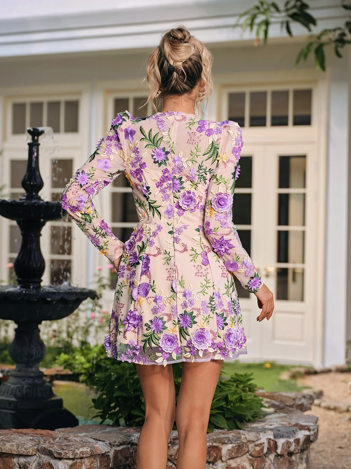 Purple Floral Embroidered Mini Dress - Elegant & Playful